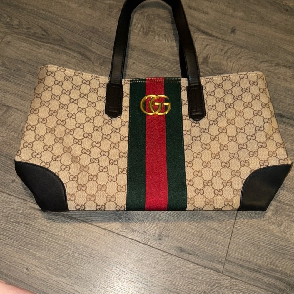 Beige Tote with Red and Green Stripe